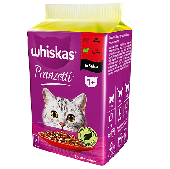 Whiskas Pranzetti con Manzo e Agnello in Salsa 1+ 6x50g Whiskas Pranzetti con Manzo e Agnello in Salsa 1+ 6x50g